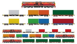 VECTOR EPS10 - Set Of Freight Train, Diesel-electric Locomotive,
Flatbed Car With 20-40 Feet Container In Various Color, Isolated On White Background.