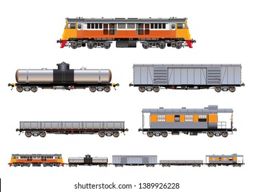 VECTOR EPS10 - set of freight train, diesel-electric locomotive, tank car, box car, gondola and caboose, isolated on white background.