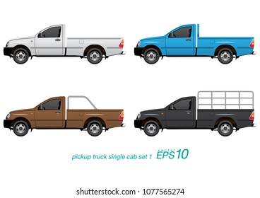 VECTOR EPS10 - Set Of Pickup Truck Singel Cab In Different Body Parts, Isolated On White Background.