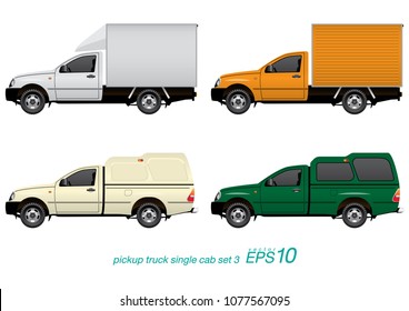 VECTOR EPS10 - Set Of Pickup Truck Single Cab In Different Body Parts, Isolated On White Background.