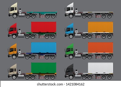 VECTOR EPS10 - Set Of Semi-trailer Flatbed Truck, 5axle-18wheels Type,
Empty Load And Full Load Of 20 Feet Container In Various Color,
Isolate On Gray Background.