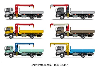 VECTOR EPS10 - set of truck mounted crane in different color, isolated on white background.