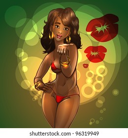 Vector EPS10 Sexy young latina girl wearing bright red bikini and golden accessories blowing air kiss on shining background