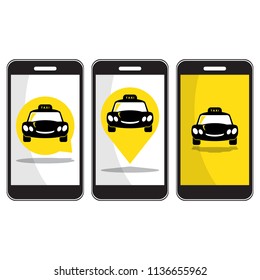 VECTOR EPS10 - smartphone show taxi icon in balloon, map pin sign, yellow screen, isolated on white background.