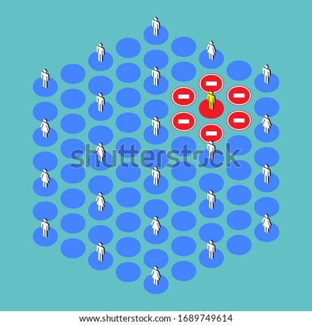 VECTOR EPS10 - "Social Distancing" concept, stick human set on blue dot, yellow human on red dot for patient with no entry sign.