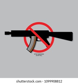VECTOR EPS10 - stop smoking concept, tobacco like a bullet and gun with stop sign, isolated on grey background. world no tobacco day.