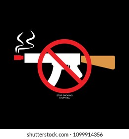 VECTOR EPS10 - stop smoking concept, tobacco like a gun with stop sign, isolated on black background. world no tobacco day.