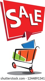 VECTOR EPS10 - supermarket cart and red banner with simple text SALE, cartoon style, isolated on white background.