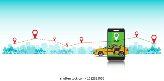 VECTOR EPS10 - Taxi Cab Behind Smartphone And Yellow Taxi Car Open Back Door Reflect On Screen Have A Location Point With City Background,