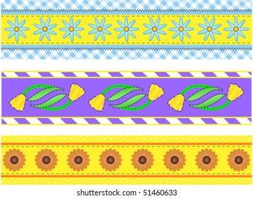 Vector eps10.  Three vector borders with flowers, polka dots, stripes and gingham with accent quilting stitches.