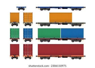 VECTOR EPS10 - various freight car, train cargo wagons, flatbed with container
side view front and rear, isolated on white background.