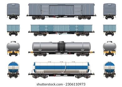 VECTOR EPS10 - various freight car, train cargo wagons,side view front and rear, isolated on white background.
