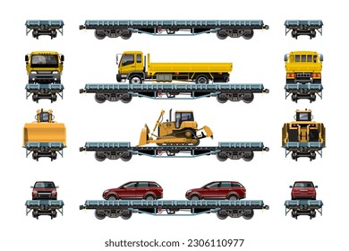 VECTOR EPS10 - various freight car, train cargo wagons, flatbed with truck
side view front and rear, isolated on white background.