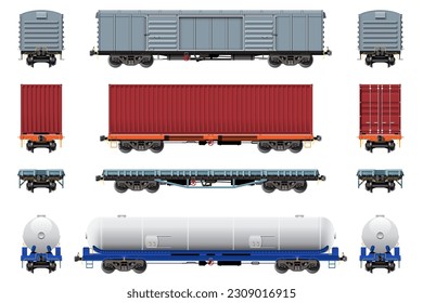 VECTOR EPS10 - varios vagones de carga, vagones de carga de tren, laterales frontales y traseros, aislados en fondo blanco.
