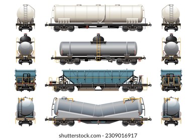 VECTOR EPS10 - verschiedene Güterwagen, Güterwagen, Seitenansicht vorne und hinten, einzeln auf weißem Hintergrund.
