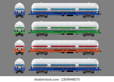 VECTOR EPS10 - various tank car, freight car, train cargo wagons, side view front and rear. 