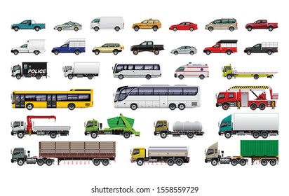 VECTOR EPS10 - various types of vehicles, car, pickup truck, van, bus, truck, trailer, side view isolated on white background.