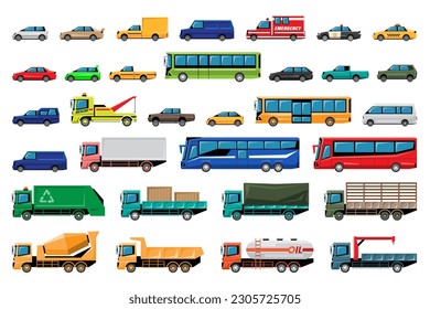 VECTOR EPS10 - various types of vehicles, car, pickup truck, van, bus, truck, trailer, side view isolated on white background.