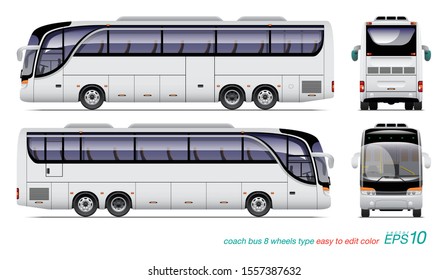 VECTOR EPS10 - white coach bus 8 wheels type, template for car branding and advertising isolated on white background,
