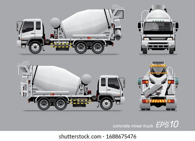 VECTOR EPS10 - white concrete mixer truck, isolated on grey background.