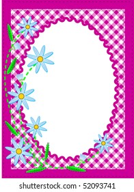 Vector eps10 white oval copy space trimmed in ric rac on top of a pink gingham background trimmed with blue cornflowers containing quilting stitches.
