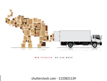 VECTOR EPS10 - white truck open container move boxes, its set in elephant shape.
advertising artwork template with simple text "big problem we can move",
design for transportation business concept.