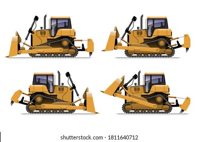 VECTOR EPS10 - yellow bulldozer side view in different action, isolated on white background.