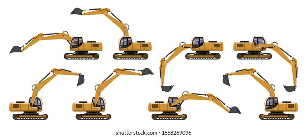 VECTOR EPS10 - yellow excavator side view in different action, isolated on white background.