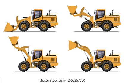 VECTOR EPS10 - yellow wheel loader side view in different action, isolated on white background.