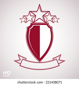 Vector eps8 aristocratic symbol. Festive graphic shield with five stars and curvy ribbon - decorative luxury security template. Corporate branding icon, success concept theme design element.