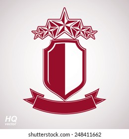 Vector eps8 aristocratic symbol. Festive graphic shield with five stars and curvy ribbon, decorative luxury security template. Design element.