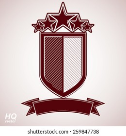 Vector eps8 aristocratic symbol. Festive graphic shield with five stars and curvy ribbon - decorative luxury security template. Corporate branding icon, success concept theme design element.