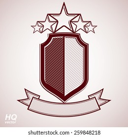 Vector eps8 aristocratic symbol. Festive graphic shield with five stars and curvy ribbon - decorative luxury security template. Corporate branding icon, success concept theme design element.