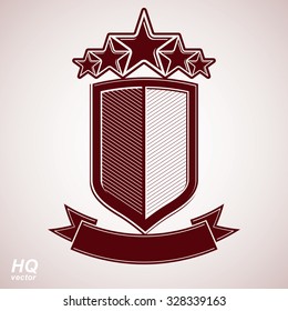 Vector eps8 aristocratic symbol. Festive graphic shield with five stars and curvy ribbon, decorative luxury security template. Success concept theme design element.