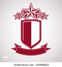 Vector eps8 aristocratic symbol. Festive graphic shield with five stars and curvy ribbon - decorative luxury security template. Corporate branding icon, success concept theme design element.