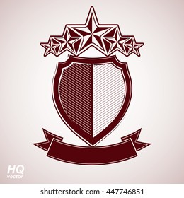 Vector eps8 aristocratic symbol. Festive graphic shield with five stars and curvy ribbon - decorative luxury security template. Corporate branding icon, success concept theme design element.