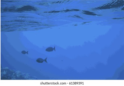 Vector, eps8.  Blue abstract background of three fish swimming below the surface of the water and above a coral reef.