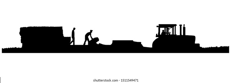 Vector Eps8-Silhouette of Tractor Pulling a Baler in a Field of Straw