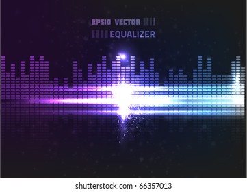 Vector equalizer design. Contains bright lights and blurry circle particles on dark background, colored violet and blue.