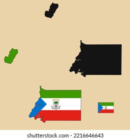 Vector of Equatorial Guinea country outline map with flag set isolated on plain background. Silhouette of country map can be used for template, report, and infographic.