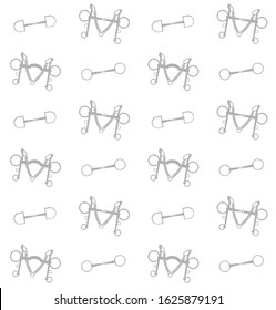 Vector equestrian seamless pattern of flat cartoon different horse bits isolated on white background