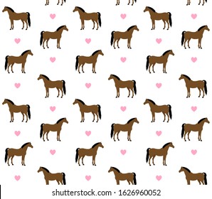 Vector equestrian seamless pattern of flat cartoon bay horse and hearts isolated on white background