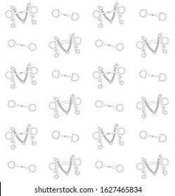 Vector equestrian seamless pattern of flat cartoon outline different horse bits isolated on white background