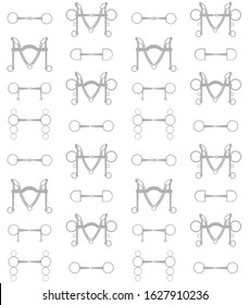 Vector equestrian seamless pattern of flat cartoon different horse bits isolated on white background