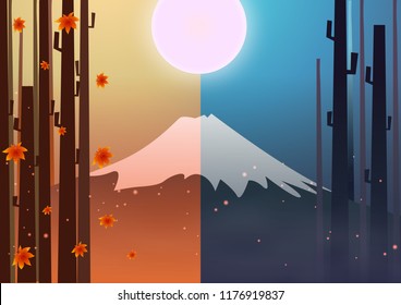 vector of Equinox day  in Japan, with the moon behind and fuji mountain.