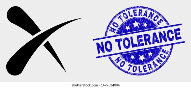 Vector erase pictogram and No Tolerance seal stamp. Red round distress stamp with No Tolerance text. Vector composition in flat style. Black isolated erase symbol.