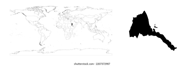 Vector Eritrea map showing country location on world map and solid map for Eritrea on white background. File is suitable for digital editing and prints of all sizes.