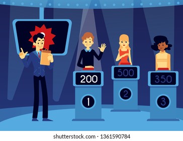 Vector Erudite TV Quiz Show Concept With Show Host, Emcee Near Man, Women Taking Part In Game Standing At Podium With Points At Screen Raising Hand Up , Pushing Red Button In Order To Answer.