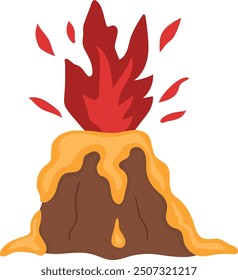 Vulkanberge mit Lava und Feuergrafik. Stein-Symbol einzeln auf weißem Hintergrund. Prähistorische Naturlandschaft Bild. Dinosaurier-Bodenelement
