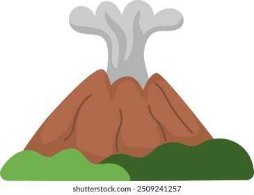 Vector erupting or exploding volcano mountains with smoke illustration. Rocks icon isolated on white background. Prehistoric nature scenery picture. Dinosaur land element
